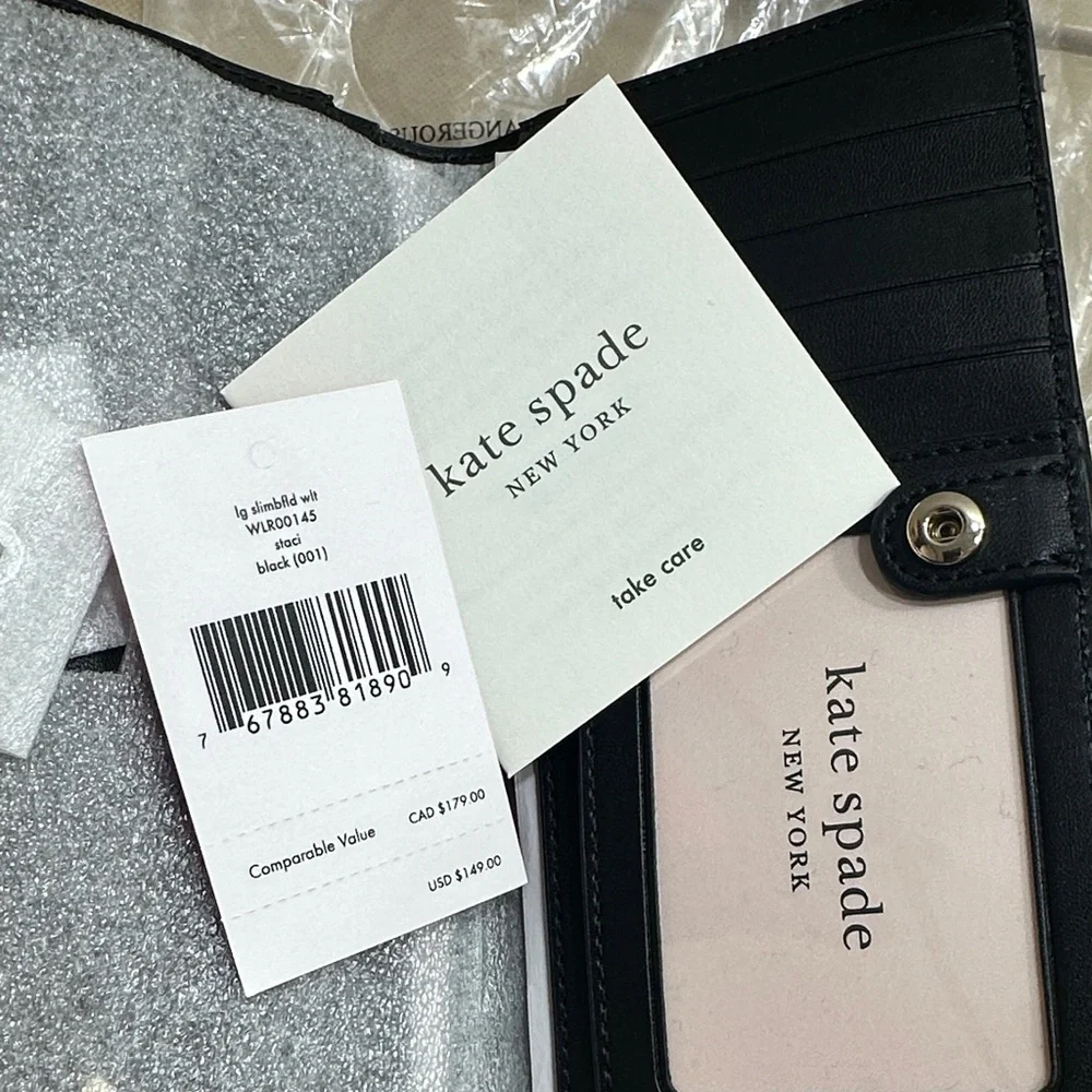 kate spade Black Saffiano Leather Zip Wallet with Gold Logo